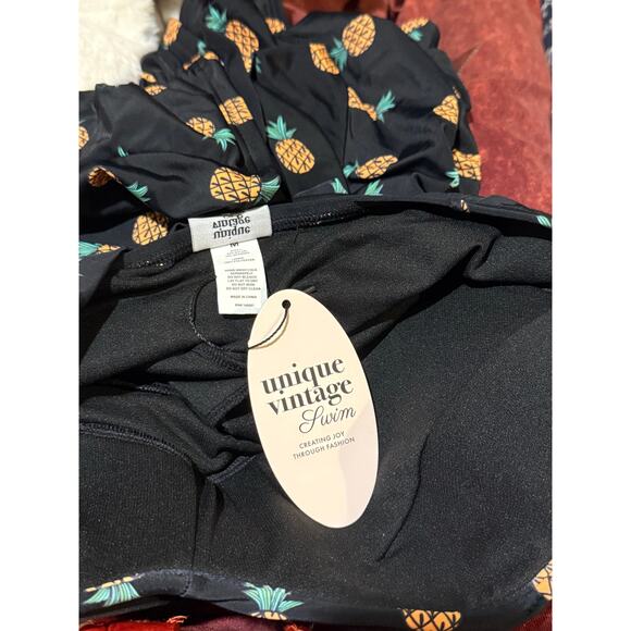 Unique Vintage Black Black Pineapples Halter One Piece Swim Dress Suit M NWT - Picture 4 of 5